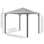 Grey 3m x 3m hardtop gazebo frame with roof and leg-to-leg layout lines