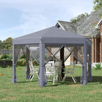 Grey pop-up gazebo tent with mesh sidewalls and open doorway, outdoor patio shelter