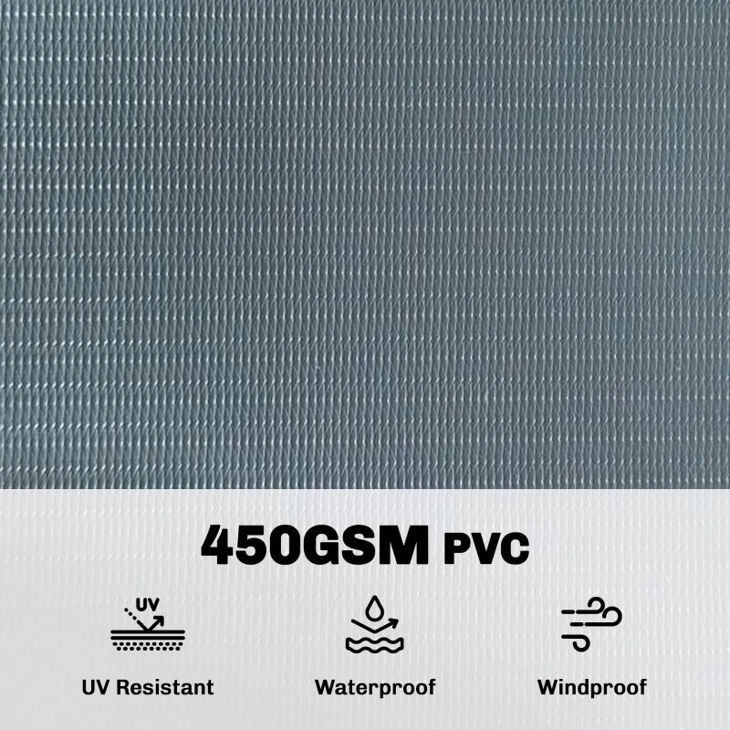 Grey textured PVC privacy screen with UV resistant, waterproof, windproof icons