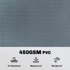 Grey textured PVC privacy screen with UV resistant, waterproof, windproof icons