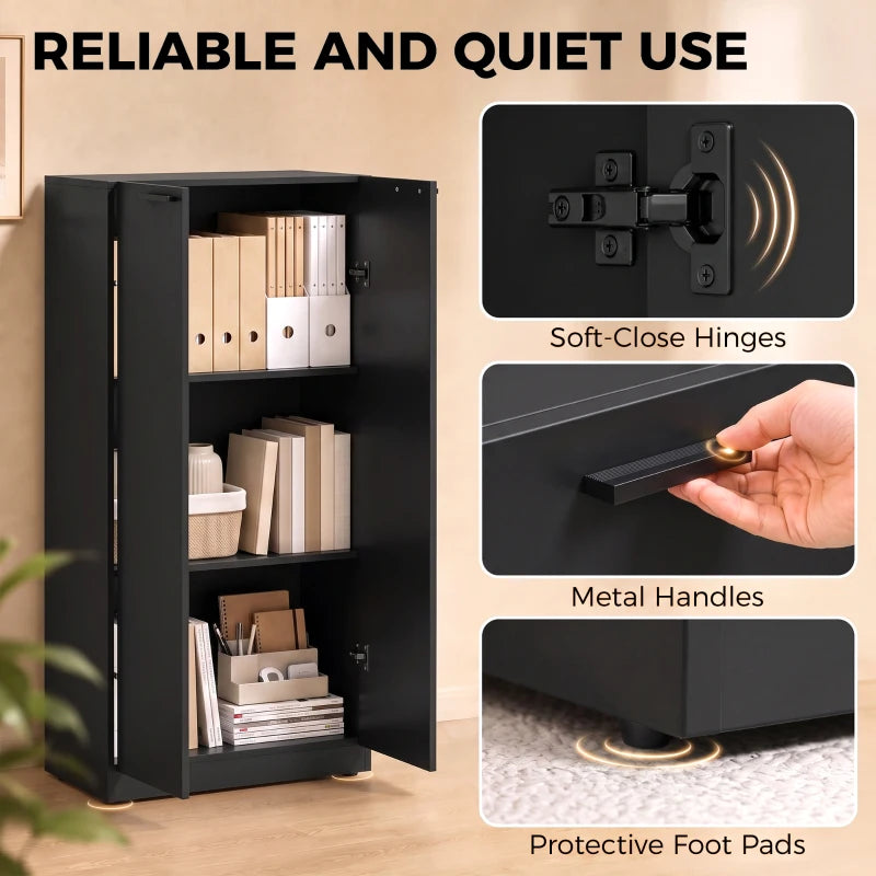 Black tall cabinet with soft-close hinges, metal handles, and protective foot pads