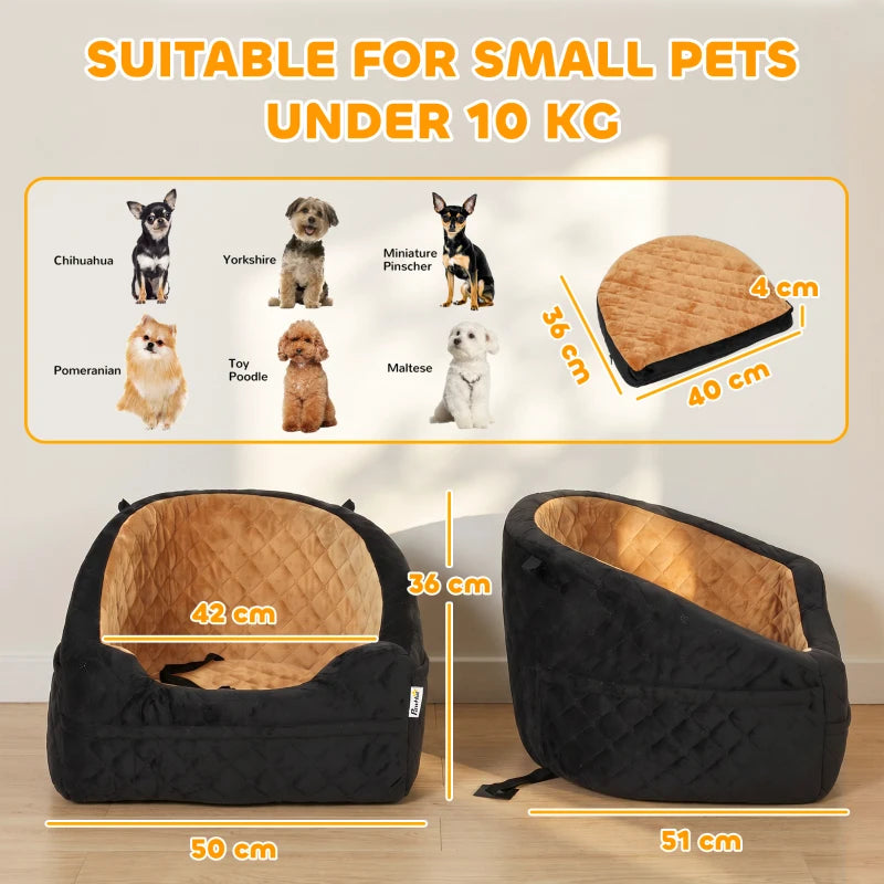 Brown and black dog car booster seat with quilted sides and size measurements