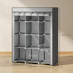 Light grey fabric wardrobe frame with hanging rail and cube shelves, front view.