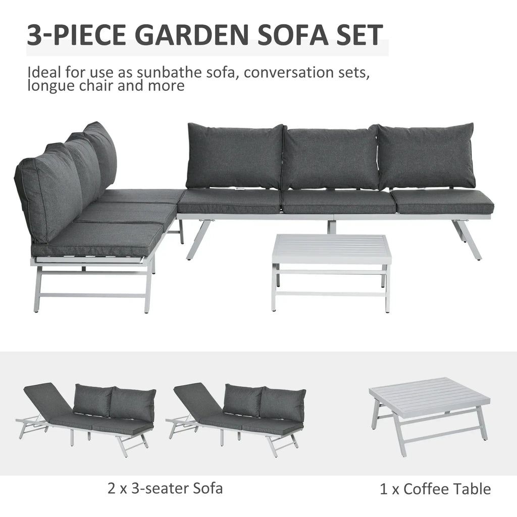 3 Pieces Garden Furniture Sets, 6 Seater Corner Sofa Set with Adjustable Backrest Chase Lounge with Slatted Metal Top Table, Padded Cushion, Grey - Bobobiy