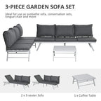 Grey 3-piece garden sofa set with chaise section and slatted metal coffee table