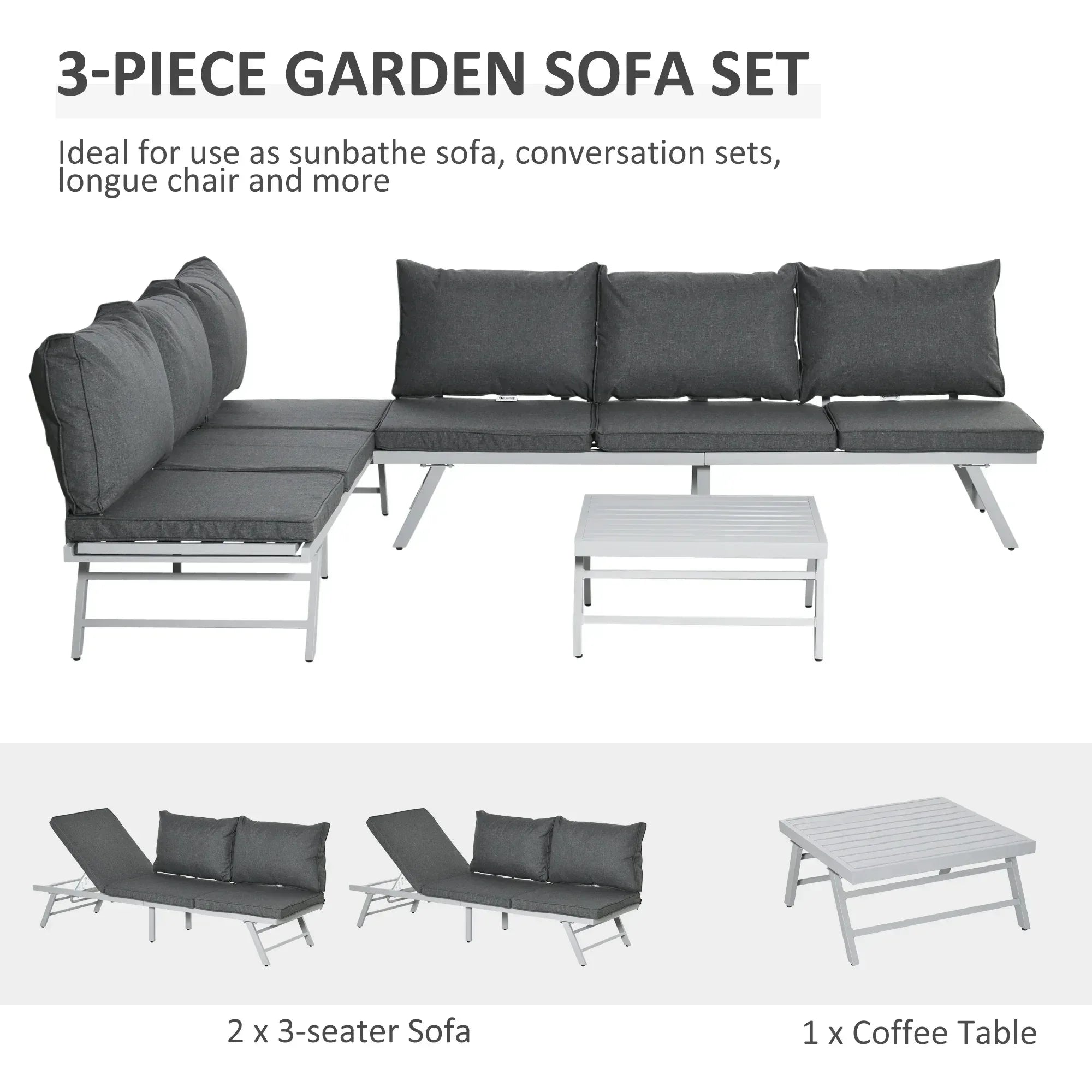 3 Pieces Garden Furniture Sets, 6 Seater Corner Sofa Set with Adjustable Backrest Chase Lounge with Slatted Metal Top Table, Padded Cushion, Grey - Bobobiy
