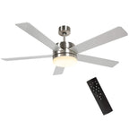 Silver ceiling fan with light, 5 beech wood-effect blades, plus black remote
