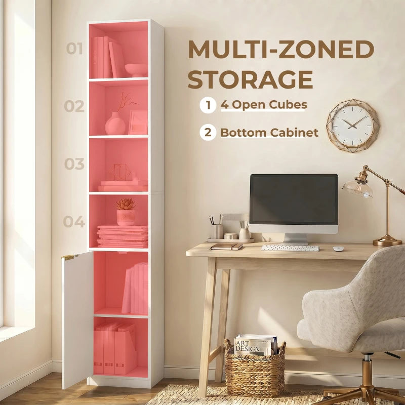 White wood-effect narrow bookcase with multiple open cubbies and bottom cabinet