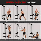 Wall-mounted cable machine showing multiple exercise attachments and pulley positions