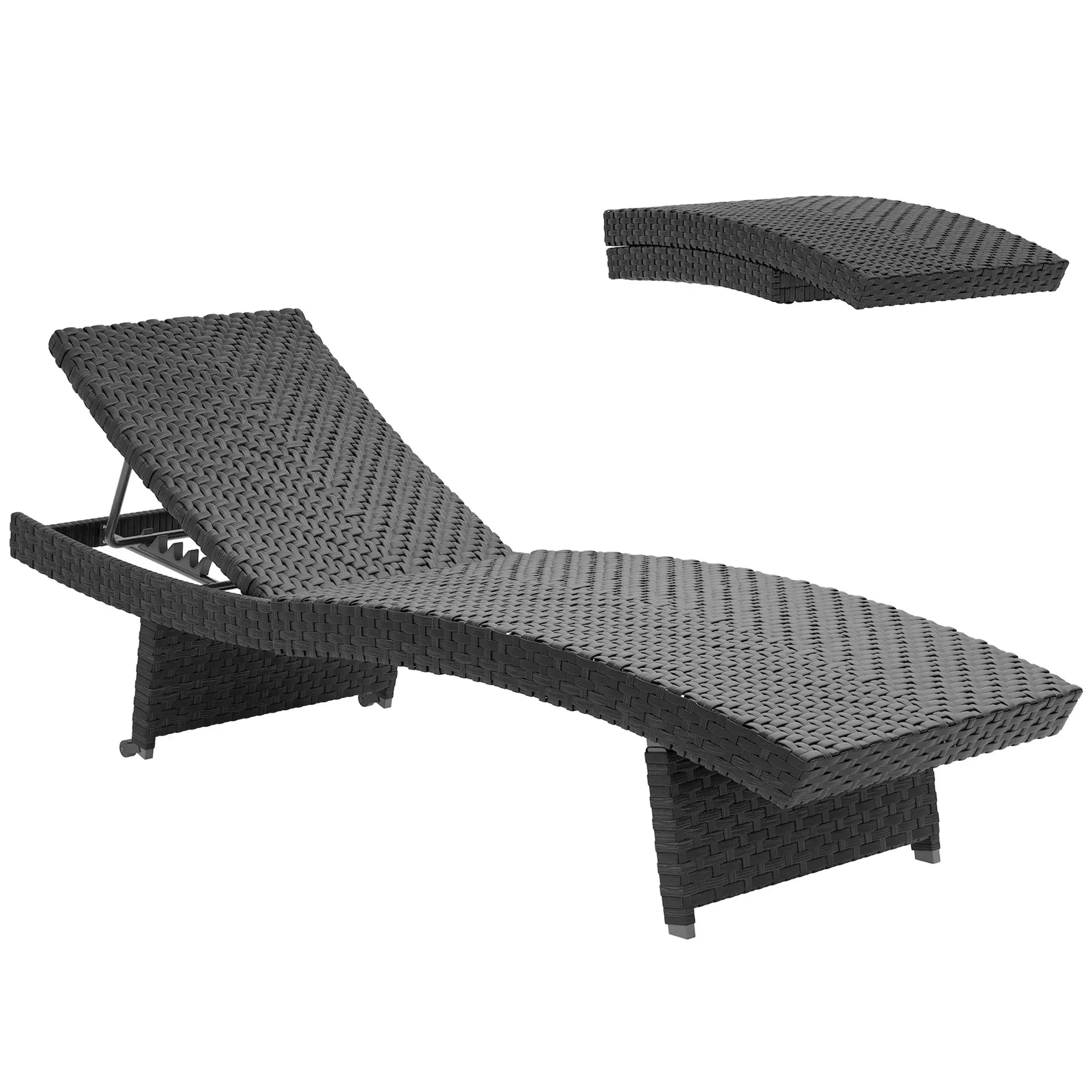 Outdoor PE Rattan Sun Lounger, Folding Wicker Garden Lounger Recliner with 4-Level Adjustable Backrest, Rolling Sunbed Lounge Chair with Wheels, Non-Slip Legs for Balcony, Beach, Black - Bobobiy