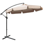 Light brown cantilever umbrella with cross base and crank handle, canopy open