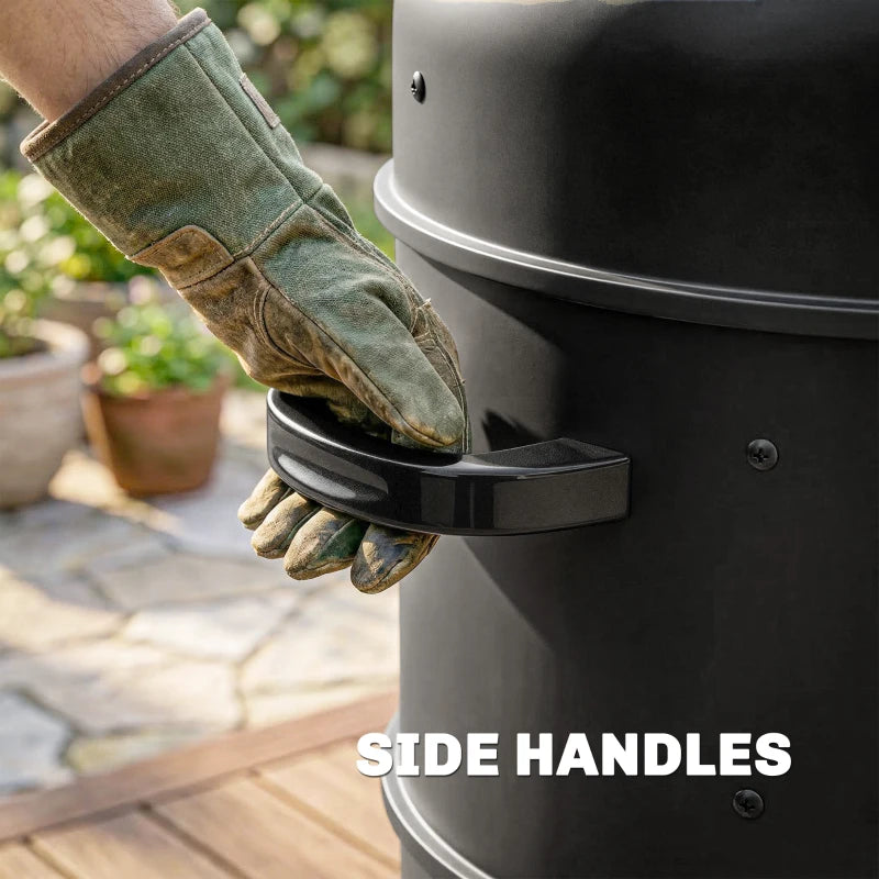 Vertical charcoal smoker with side handles and firebox door