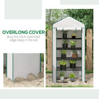 Outdoor mini greenhouse with white PE cover and black wire shelves in a garden