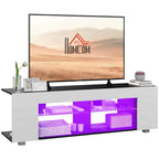 White TV cabinet with open center shelves and adjustable LED-lit compartments