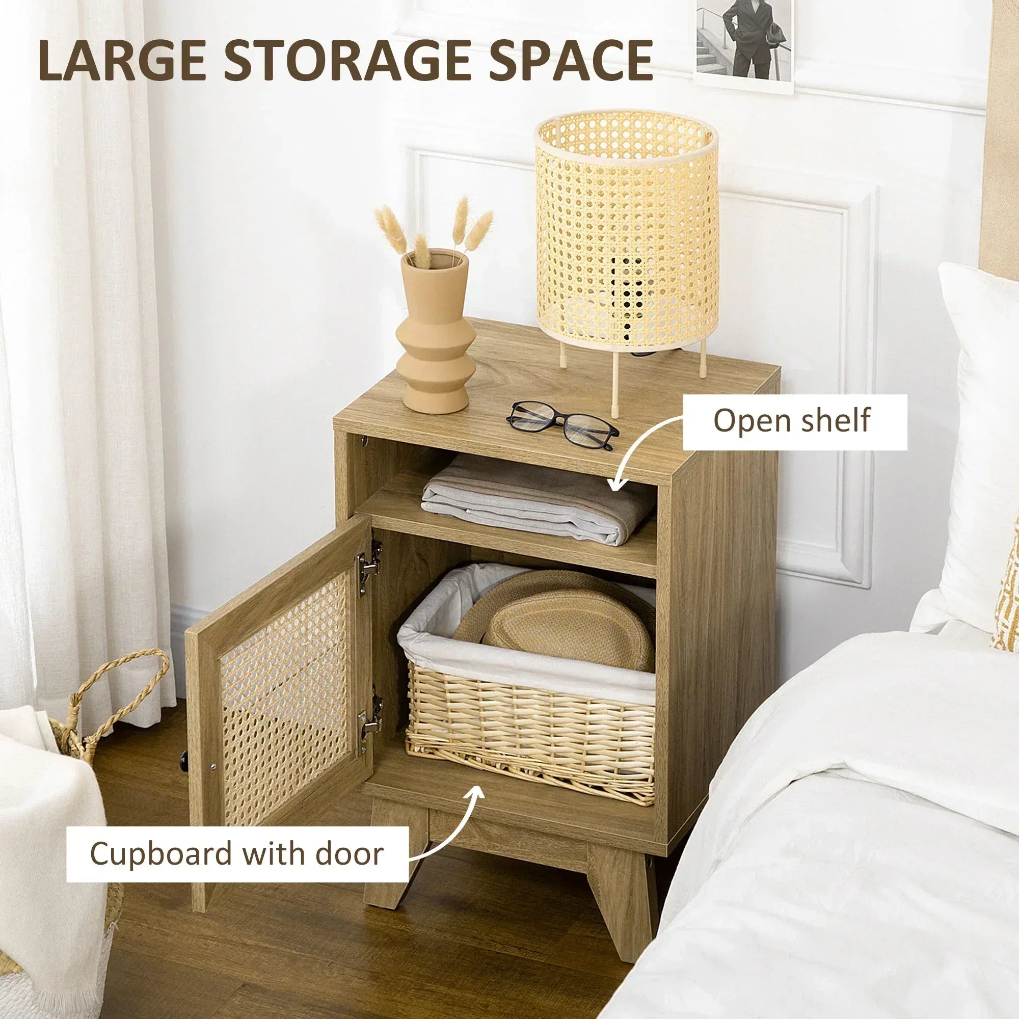 2-Piece Narrow Rattan Nightstands, Side End Table with Shelf and Cupboard, 39cm x 35cm x 60cm, Natural - Bobobiy
