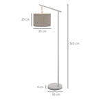 Tall floor lamp with grey drum lampshade, white pole, and round base