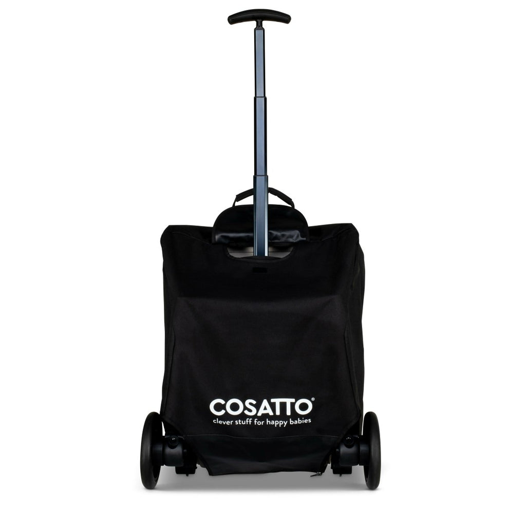 Black stroller bag with upright handle pole, front wheels, and Cosatto logo