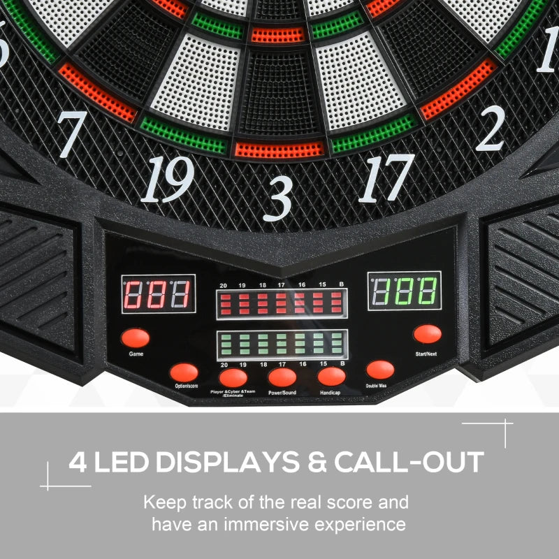 Black electronic dartboard control panel with dual LED displays and button controls