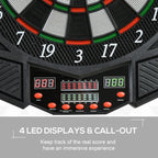 Black electronic dartboard control panel with dual LED displays and button controls