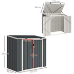 Grey steel double bin shed diagram with two doors and lift-up lid; size labels