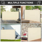Retractable outdoor privacy screen panel with cream fabric and gray side supports