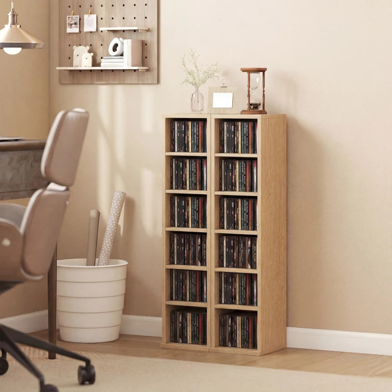 Natural wood media shelf tower with two columns of open CD/DVD storage cubbies