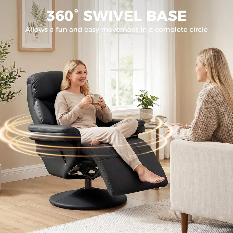 Black 360° swivel reclining armchair with footrest and round base