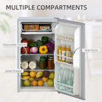 Fridge freezer door open, multiple compartments with adjustable shelves and bottle racks