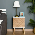White nightstand with two natural wood drawers and pine legs