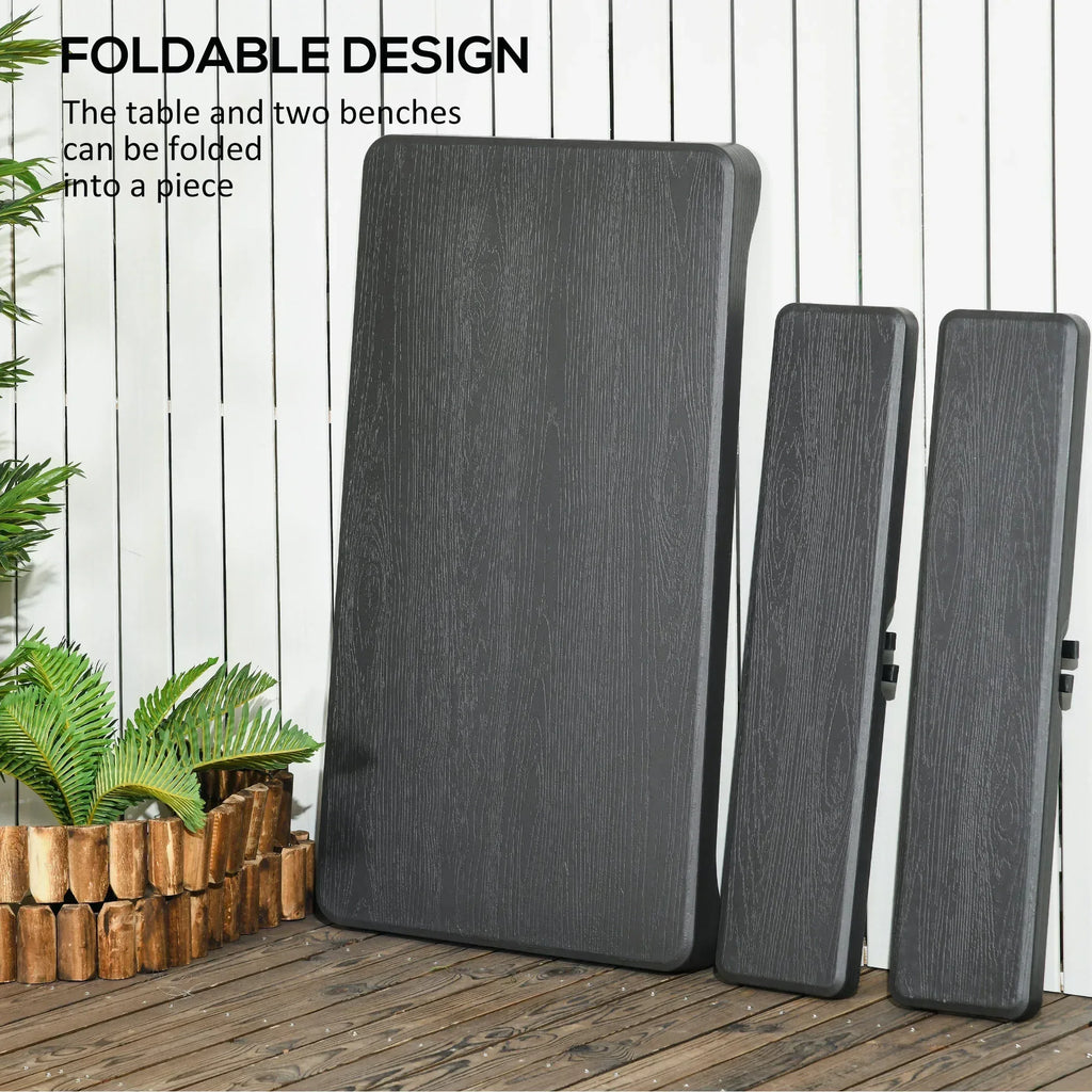 Folding Picnic Table with 2 Benches, 3-Piece Portable Garden Furniture Set for 4, Dining Table Set with Plastic Top, Steel Frame, Dark Grey - Bobobiy