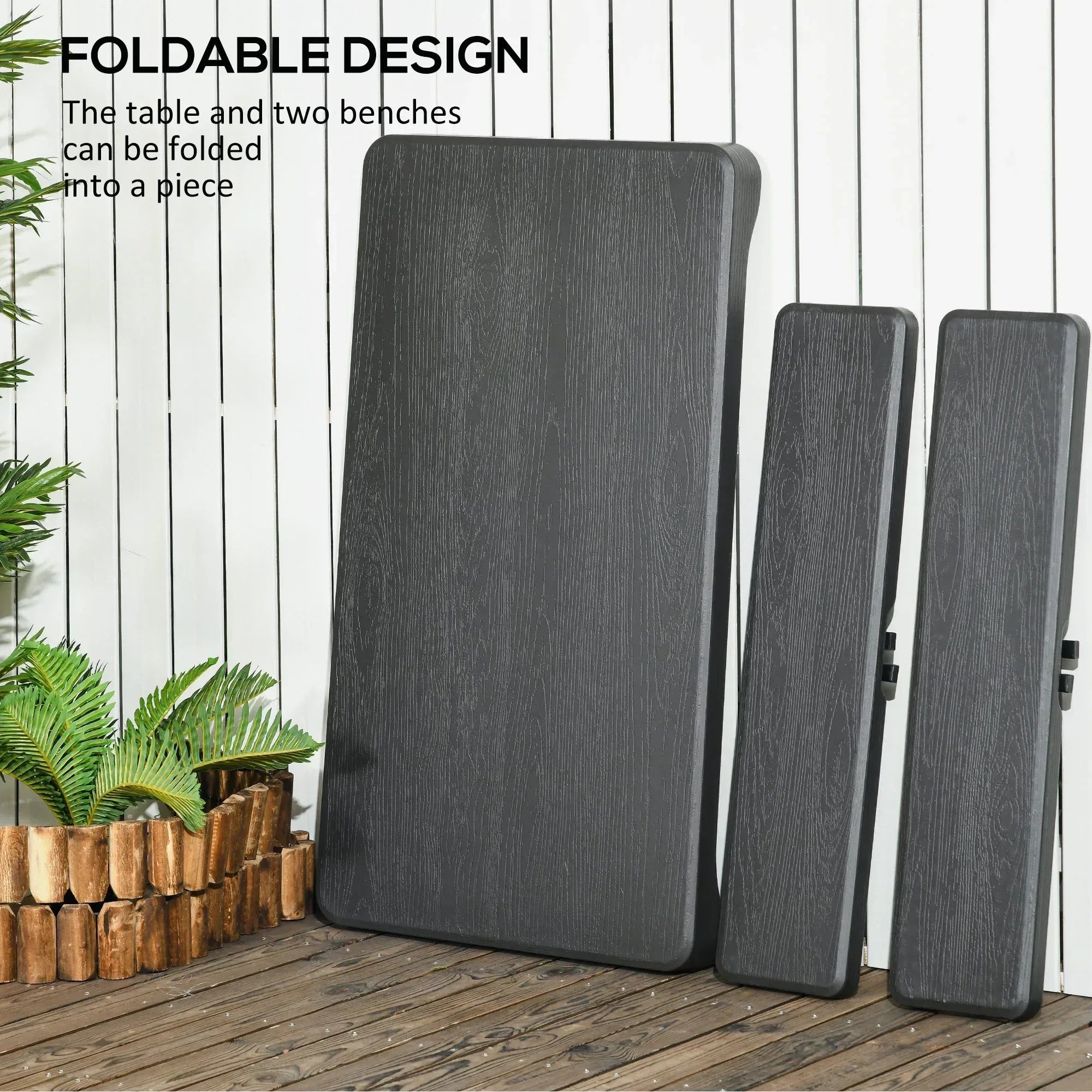 Folding Picnic Table with 2 Benches, 3-Piece Portable Garden Furniture Set for 4, Dining Table Set with Plastic Top, Steel Frame, Dark Grey - Bobobiy