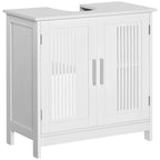 White under sink cabinet with two doors and vertical slatted front panels