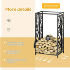 Black steel log rack with tree-pattern sides, side hooks for tools and stacked firewood