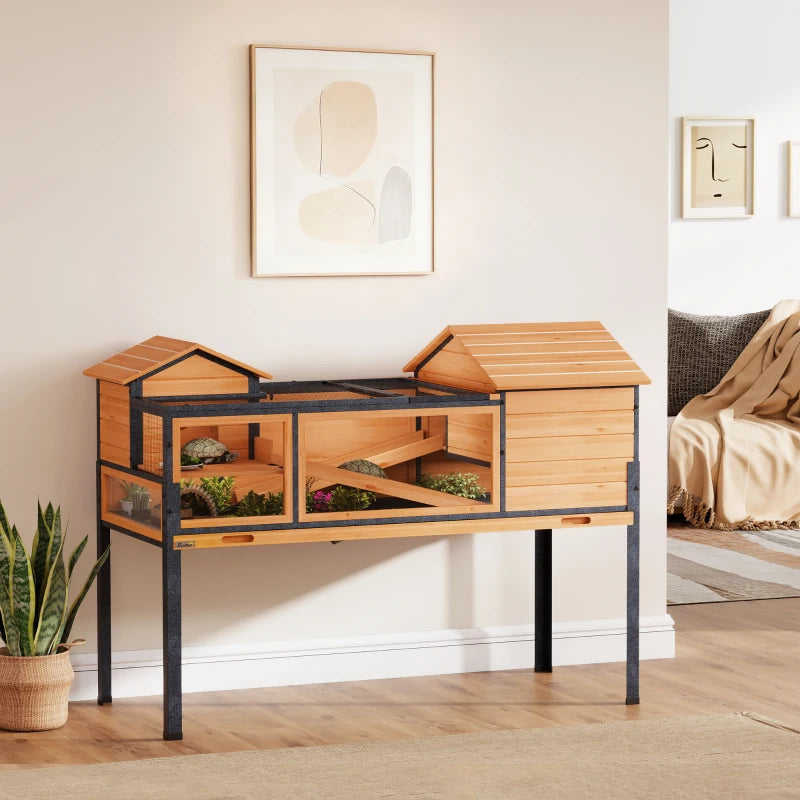 Two-level wooden tortoise house with stand, clear windows and ramps, yellow