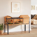 Two-level wooden tortoise house with stand, clear windows and ramps, yellow