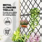 Wooden raised planter with black diamond metal trellis supporting climbing flowers and leaves
