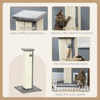 Vertical cat scratcher post details: grey soft plush top, sisal rope, hanging ball