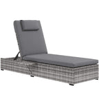 Grey wicker sun lounger with thick cushion, reclined seat and upright backrest