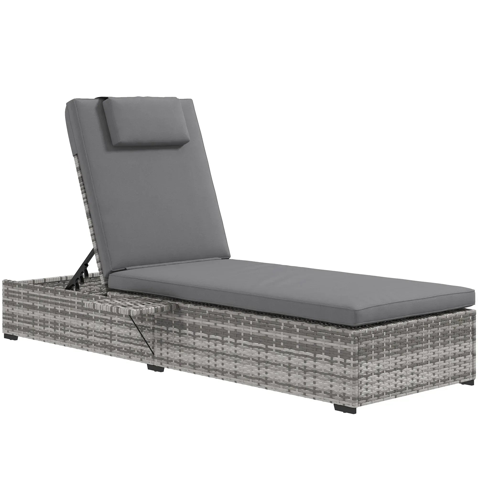Outdoor Patio PE Rattan Lounger with Cushion, 5-Level Reclining Wicker Rattan Sun Lounger with Tea Tray, for Poolside, Patio, Deck, 120kg Weight Capacity, Grey - Bobobiy