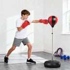 Free-standing punching ball on adjustable stand with red boxing gloves and base
