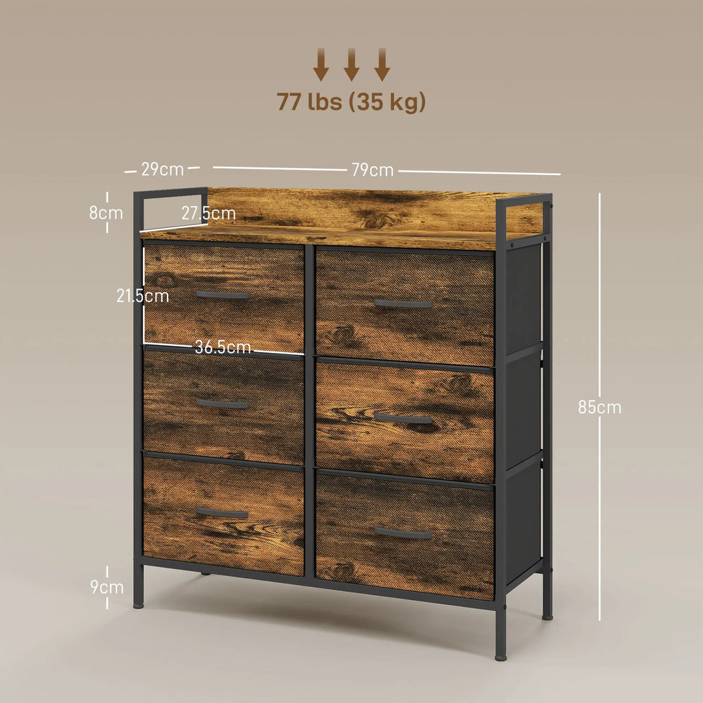 Six-drawer rustic brown chest with dimensions and 77 lb capacity labels