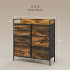 Six-drawer rustic brown chest with dimensions and 77 lb capacity labels