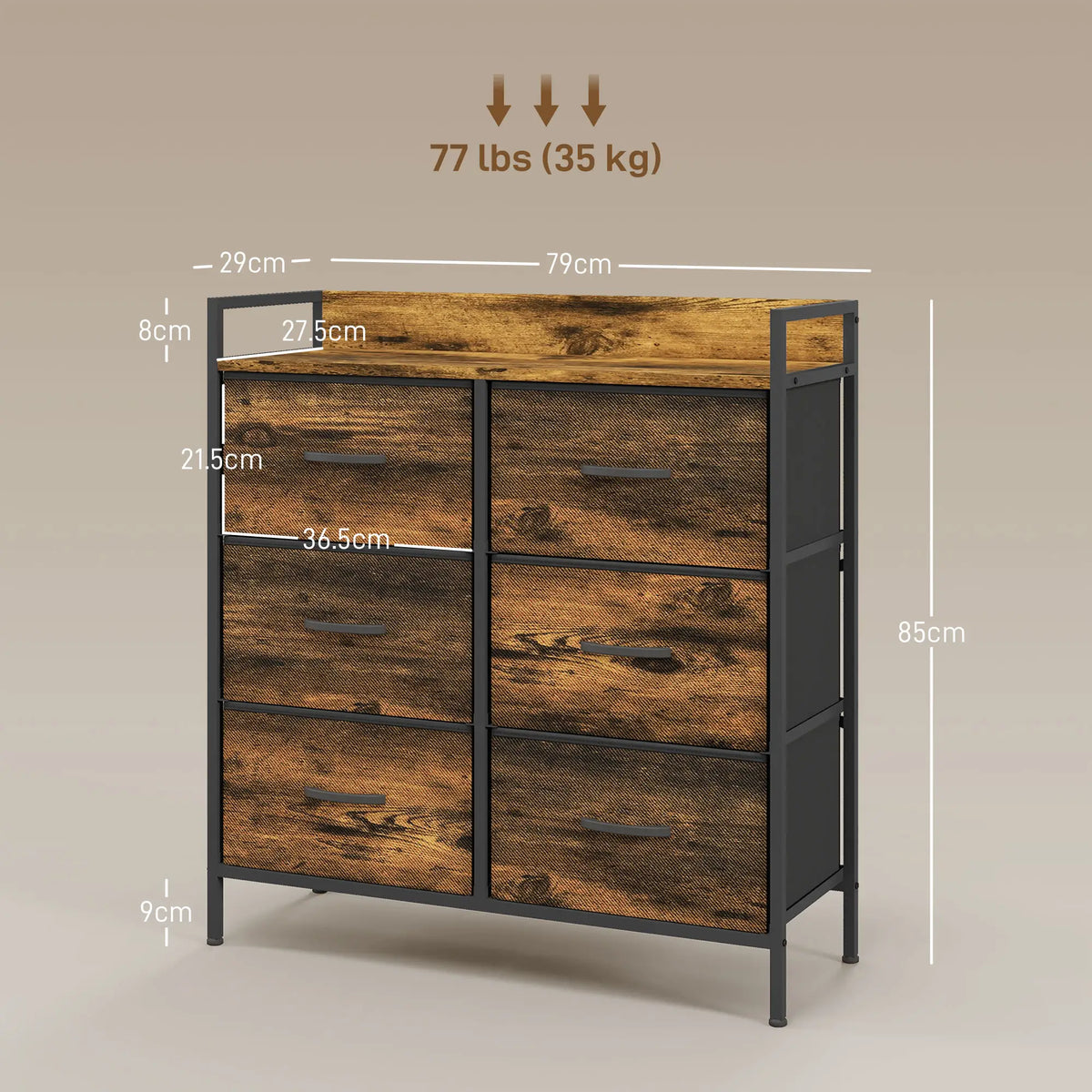 Six-drawer rustic brown chest with dimensions and 77 lb capacity labels