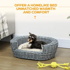 Grey wicker oval pet bed with beige cushion, dog resting inside