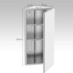 Wall corner mirrored storage cabinet with open door and visible internal shelves