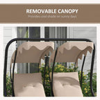 Beige two-seat swing chair with protective canopy, beige cushions under scalloped canopy.