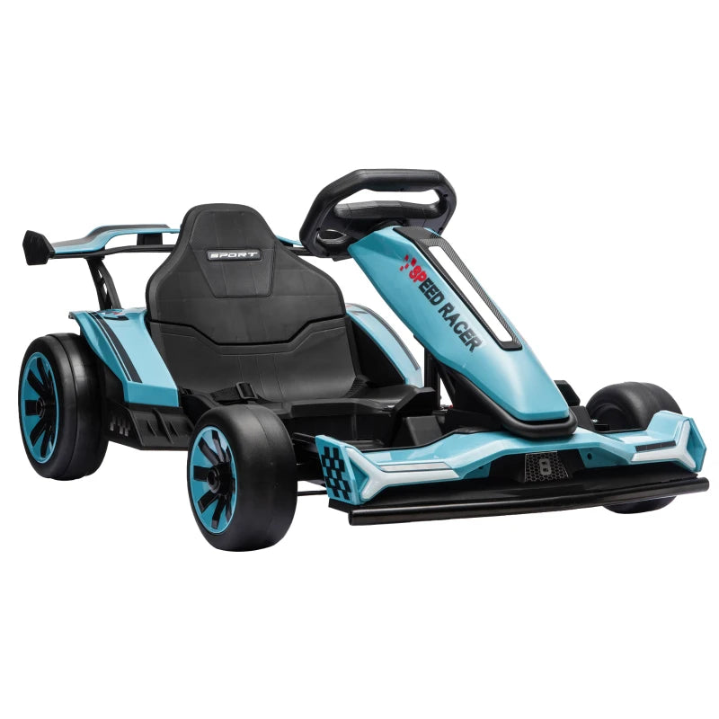 Light blue electric kids go-kart with black seat and steering wheel, front 3/4 view.