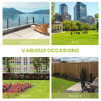 Natural wood two-seater storage bench shown in outdoor terrace and garden scenes