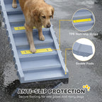 Close-up of grey 10-step dog ramp showing yellow TPR anti-slip strips and stable pads