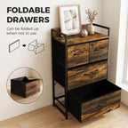 Rustic brown chest with black frame and foldable drawers; base drawer shown open